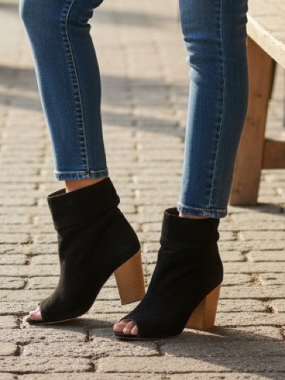 Aldo Black Suede Peep-Toe Block Heel Slouch Booties Shoes Sz 7.5
